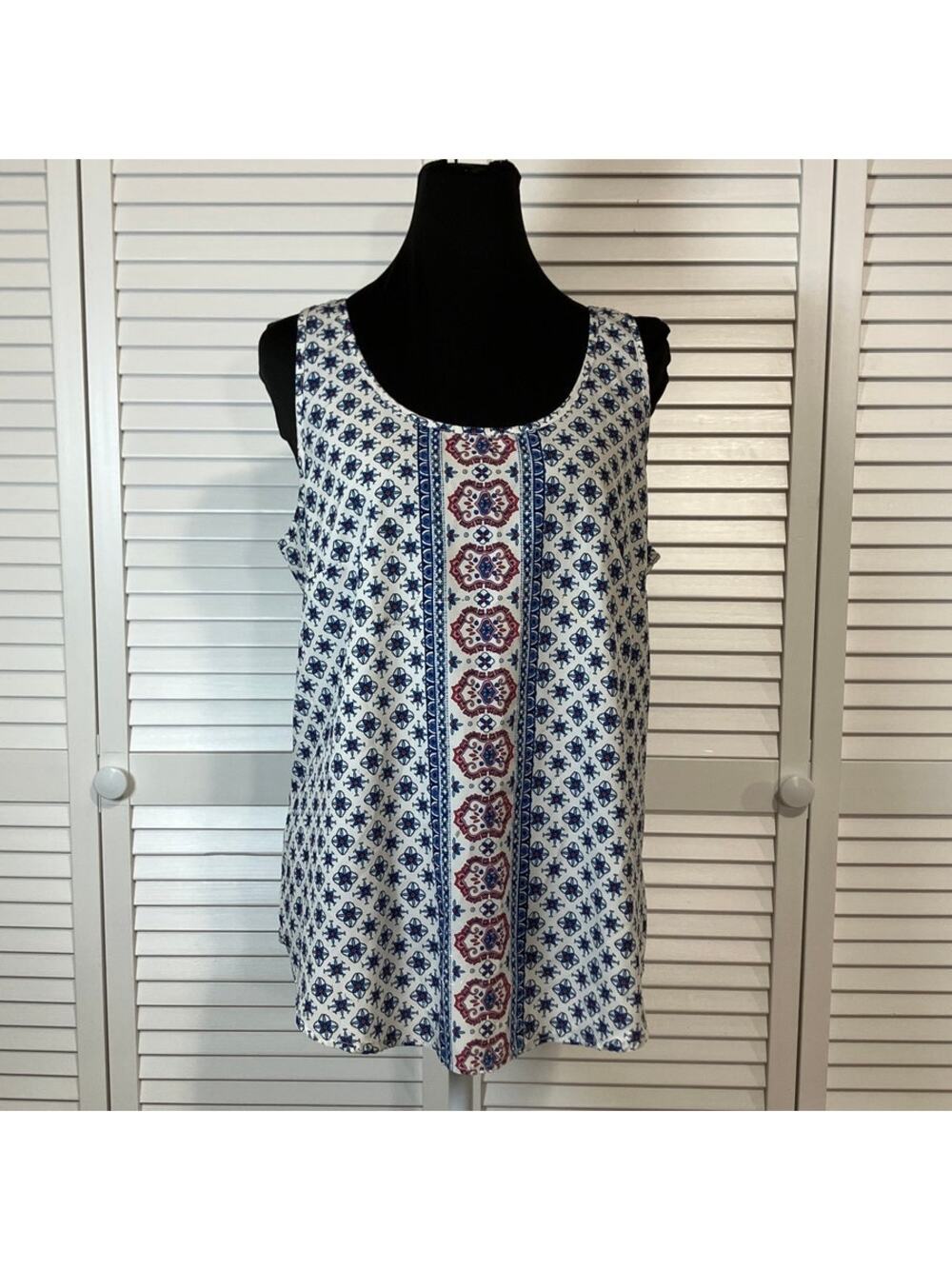 Time and Tru Boho Retro Blue Hippie Geometric Mosaic Print Relaxed Tank Top L